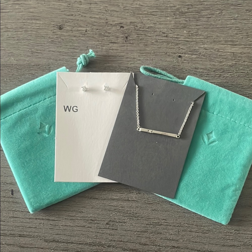 NWT White Gold Genuine Diamond Studs & Sterling Silver Bar Necklace Set